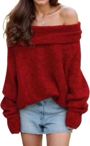 Women's Off-Shoulder Long Sleeve Sweater Cozy Fall & Winter Pullover Casual Knit Top