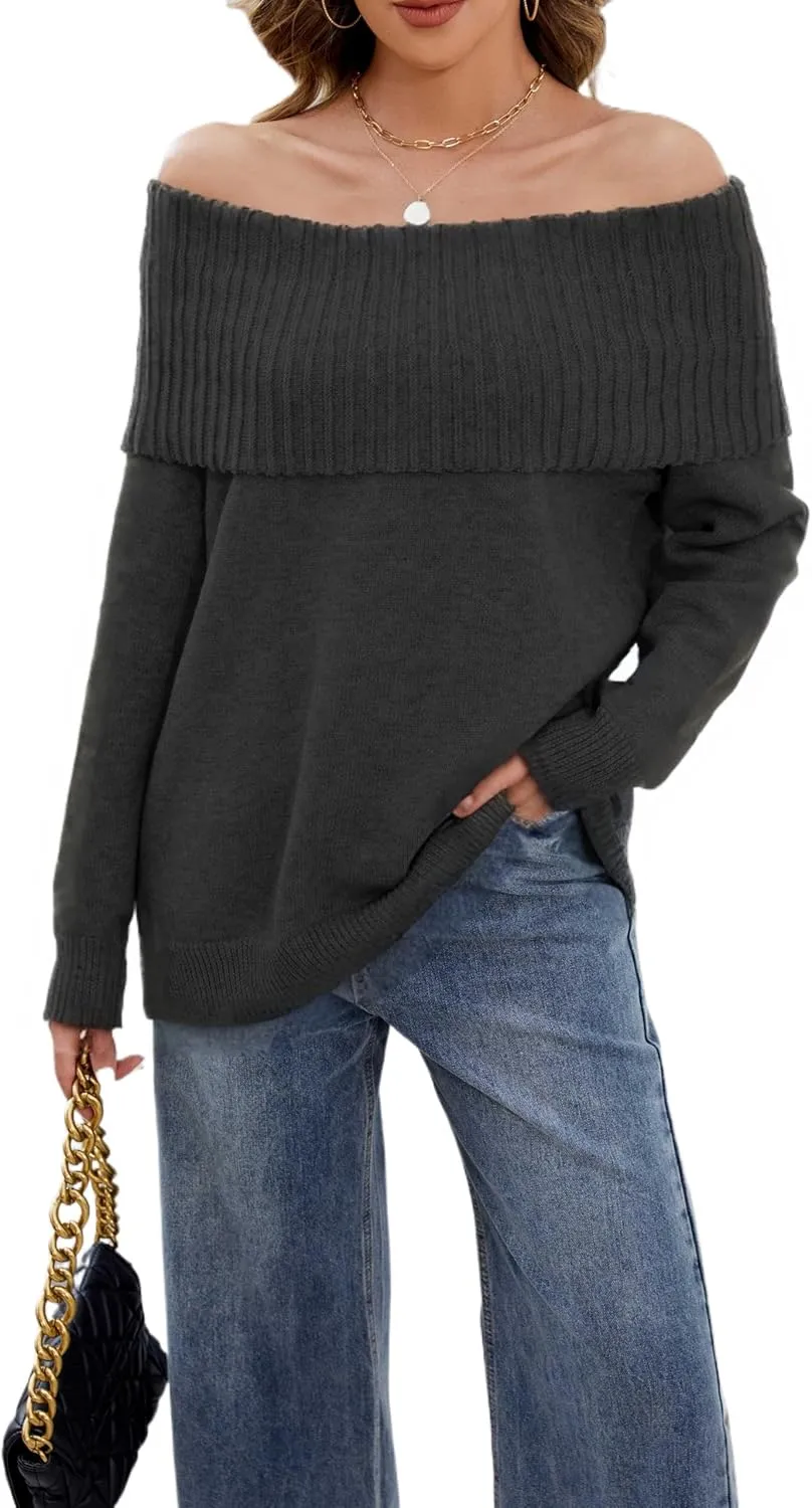Women's Off-Shoulder Long Sleeve Sweater Cozy Fall & Winter Pullover Casual Knit Top