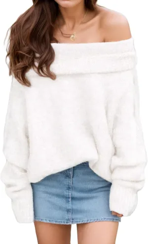 Women's Off-Shoulder Long Sleeve Sweater Cozy Fall & Winter Pullover Casual Knit Top