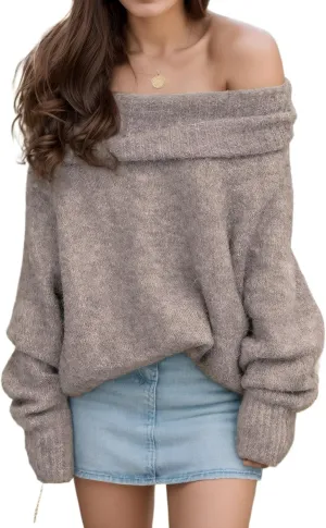 Women's Off-Shoulder Long Sleeve Sweater Cozy Fall & Winter Pullover Casual Knit Top