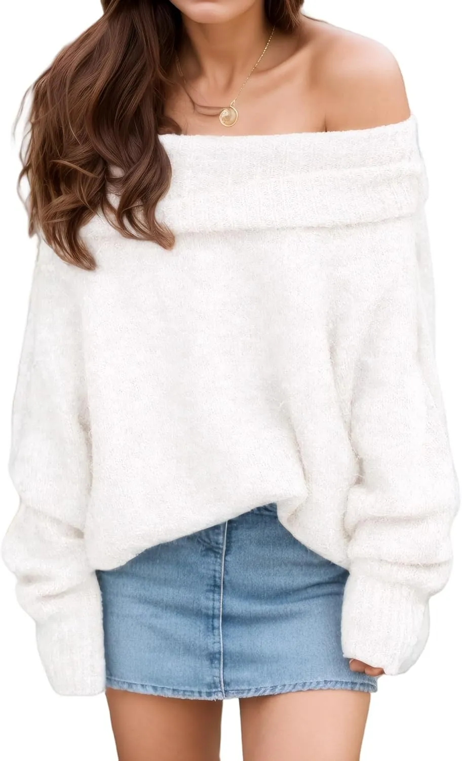 Women's Off-Shoulder Long Sleeve Sweater Cozy Fall & Winter Pullover Casual Knit Top