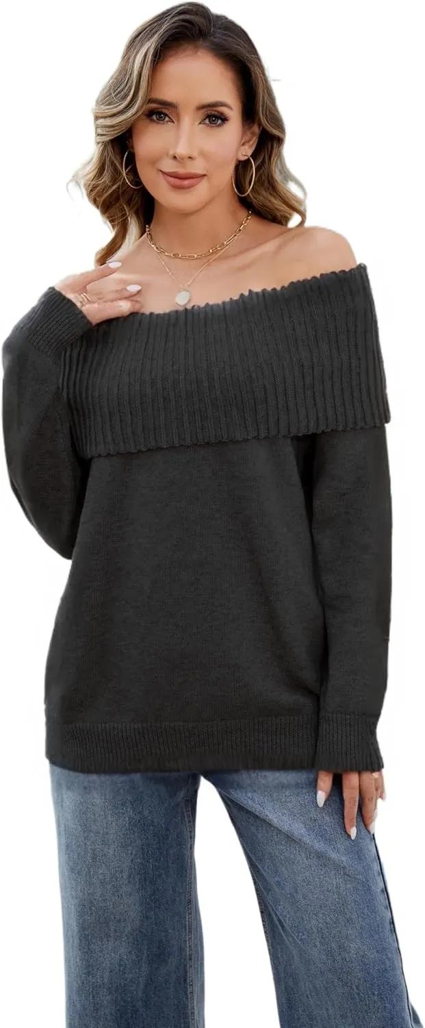 Women's Off-Shoulder Long Sleeve Sweater Cozy Fall & Winter Pullover Casual Knit Top