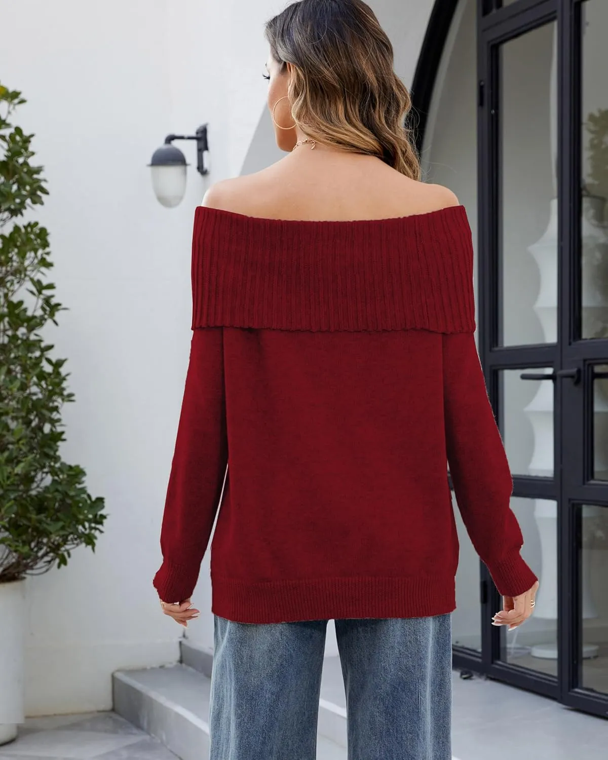 Women's Off-Shoulder Long Sleeve Sweater Cozy Fall & Winter Pullover Casual Knit Top