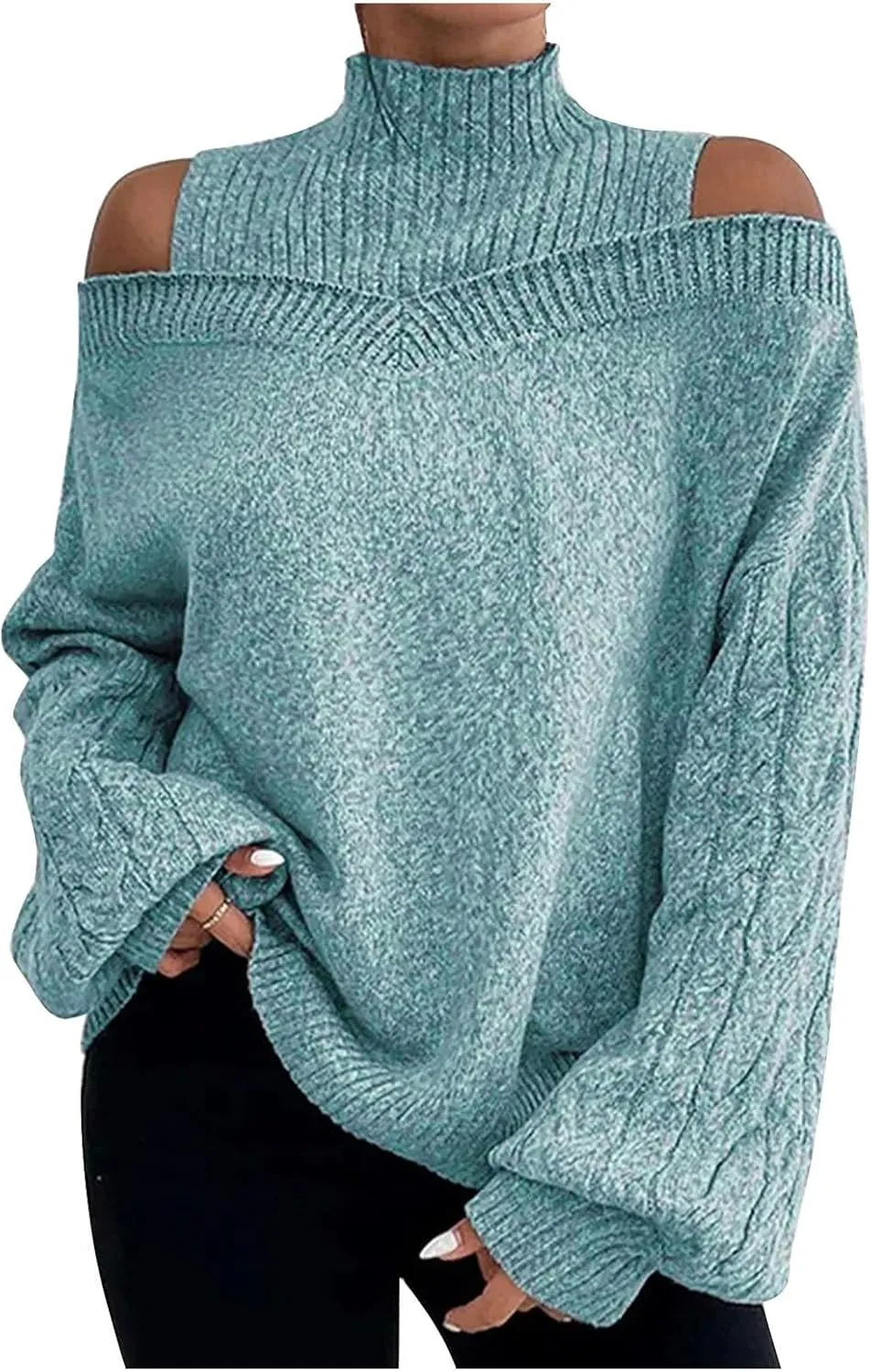 Womens Off The Shoulder Oversized Sweaters Fall Winter Turtleneck Cold Shoulder Long Sleeve Chunky Knit Sweater Tops