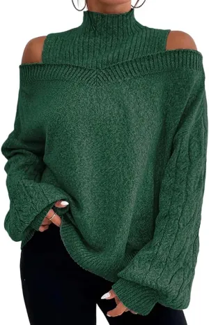 Womens Off The Shoulder Oversized Sweaters Fall Winter Turtleneck Cold Shoulder Long Sleeve Chunky Knit Sweater Tops