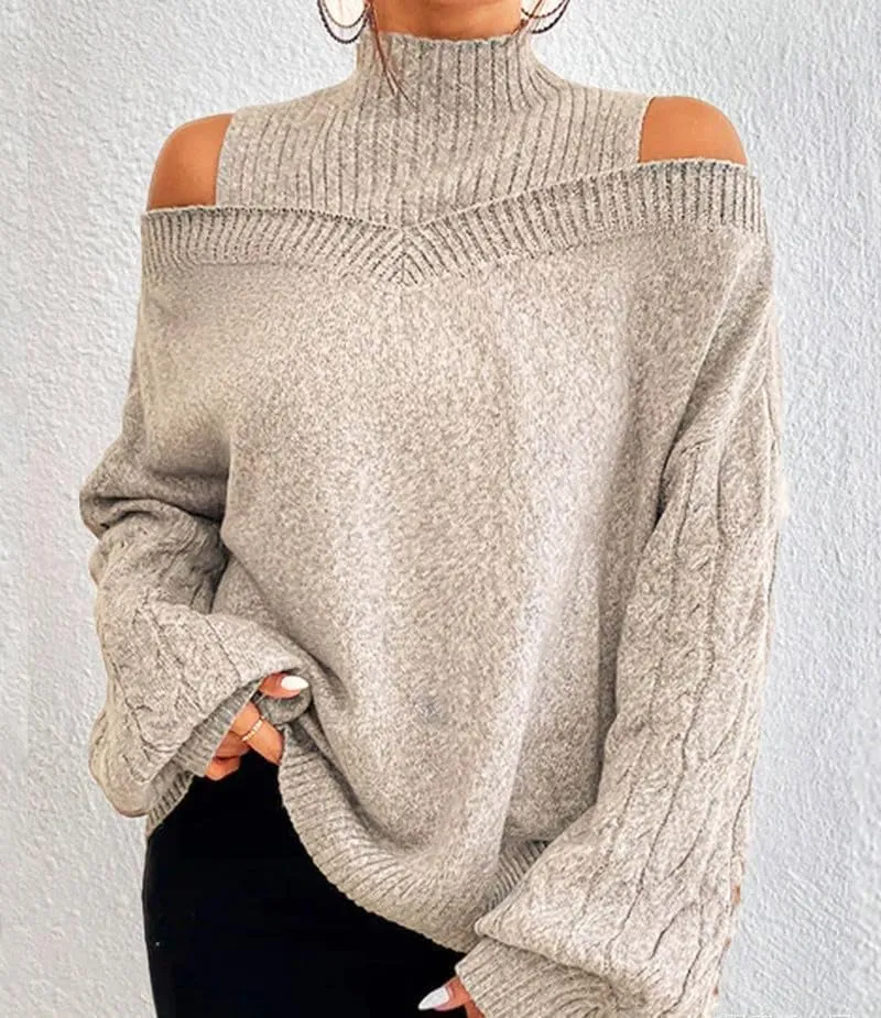 Womens Off The Shoulder Oversized Sweaters Fall Winter Turtleneck Cold Shoulder Long Sleeve Chunky Knit Sweater Tops