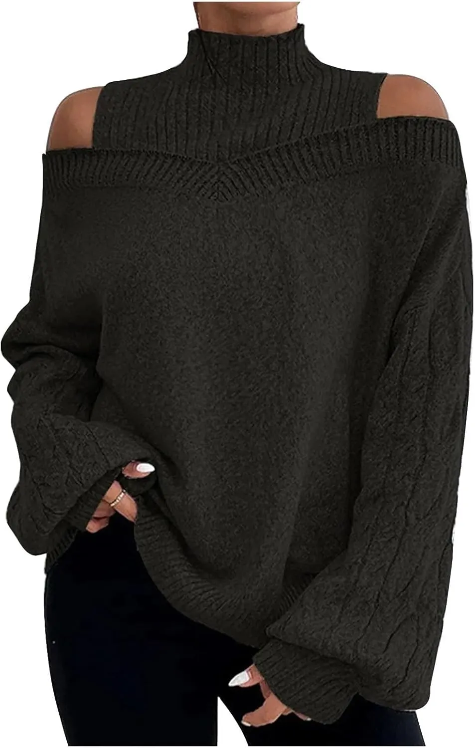 Womens Off The Shoulder Oversized Sweaters Fall Winter Turtleneck Cold Shoulder Long Sleeve Chunky Knit Sweater Tops