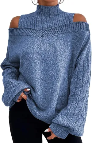 Womens Off The Shoulder Oversized Sweaters Fall Winter Turtleneck Cold Shoulder Long Sleeve Chunky Knit Sweater Tops