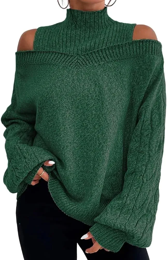 Womens Off The Shoulder Oversized Sweaters Fall Winter Turtleneck Cold Shoulder Long Sleeve Chunky Knit Sweater Tops