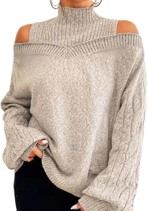 Womens Off The Shoulder Oversized Sweaters Fall Winter Turtleneck Cold Shoulder Long Sleeve Chunky Knit Sweater Tops