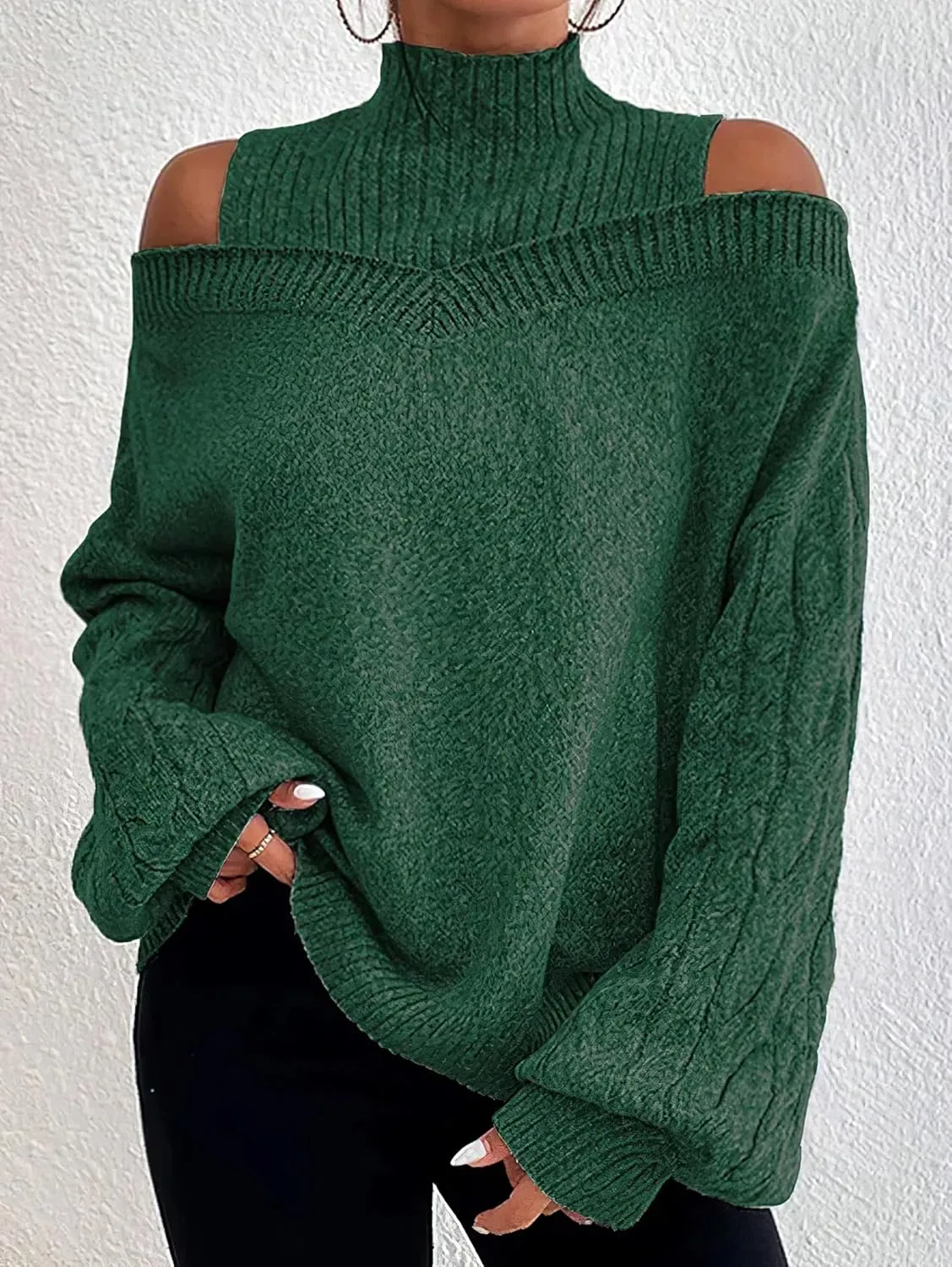 Womens Off The Shoulder Oversized Sweaters Fall Winter Turtleneck Cold Shoulder Long Sleeve Chunky Knit Sweater Tops