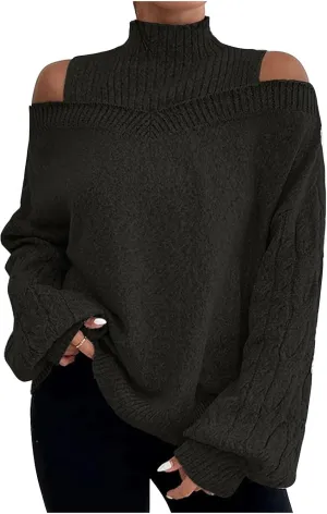 Womens Off The Shoulder Oversized Sweaters Fall Winter Turtleneck Cold Shoulder Long Sleeve Chunky Knit Sweater Tops