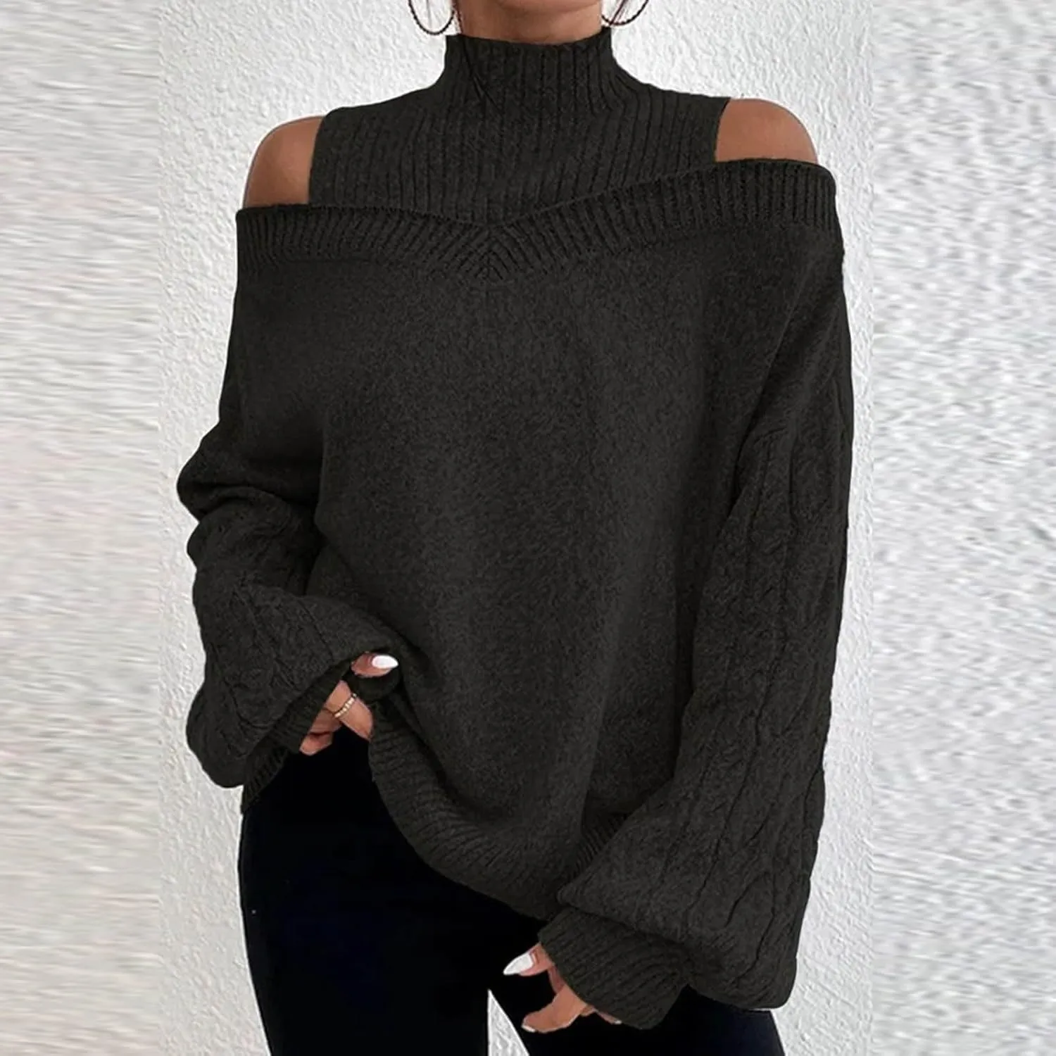 Womens Off The Shoulder Oversized Sweaters Fall Winter Turtleneck Cold Shoulder Long Sleeve Chunky Knit Sweater Tops