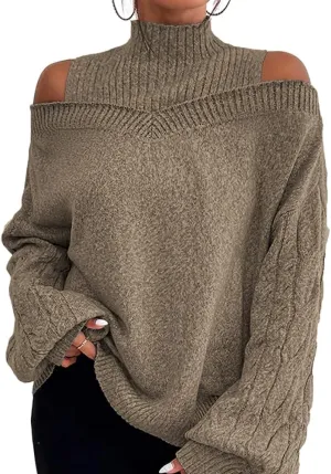 Womens Off The Shoulder Oversized Sweaters Fall Winter Turtleneck Cold Shoulder Long Sleeve Chunky Knit Sweater Tops