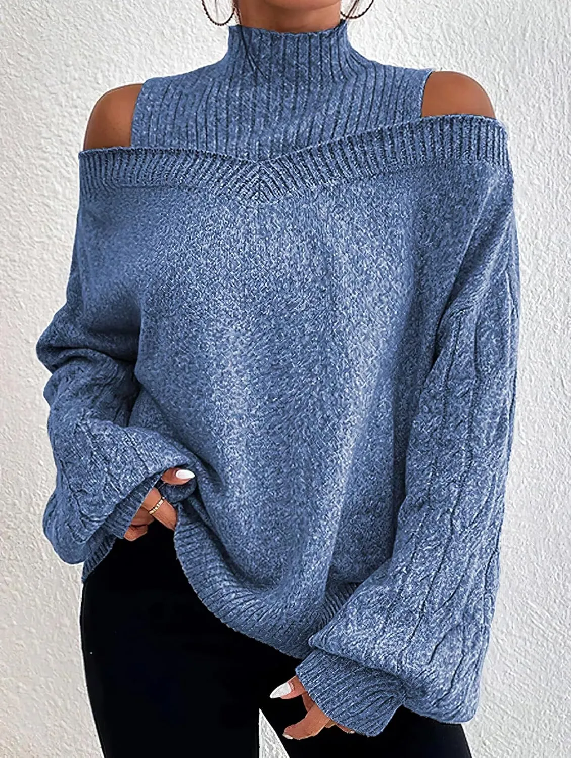 Womens Off The Shoulder Oversized Sweaters Fall Winter Turtleneck Cold Shoulder Long Sleeve Chunky Knit Sweater Tops
