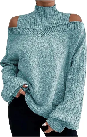 Womens Off The Shoulder Oversized Sweaters Fall Winter Turtleneck Cold Shoulder Long Sleeve Chunky Knit Sweater Tops