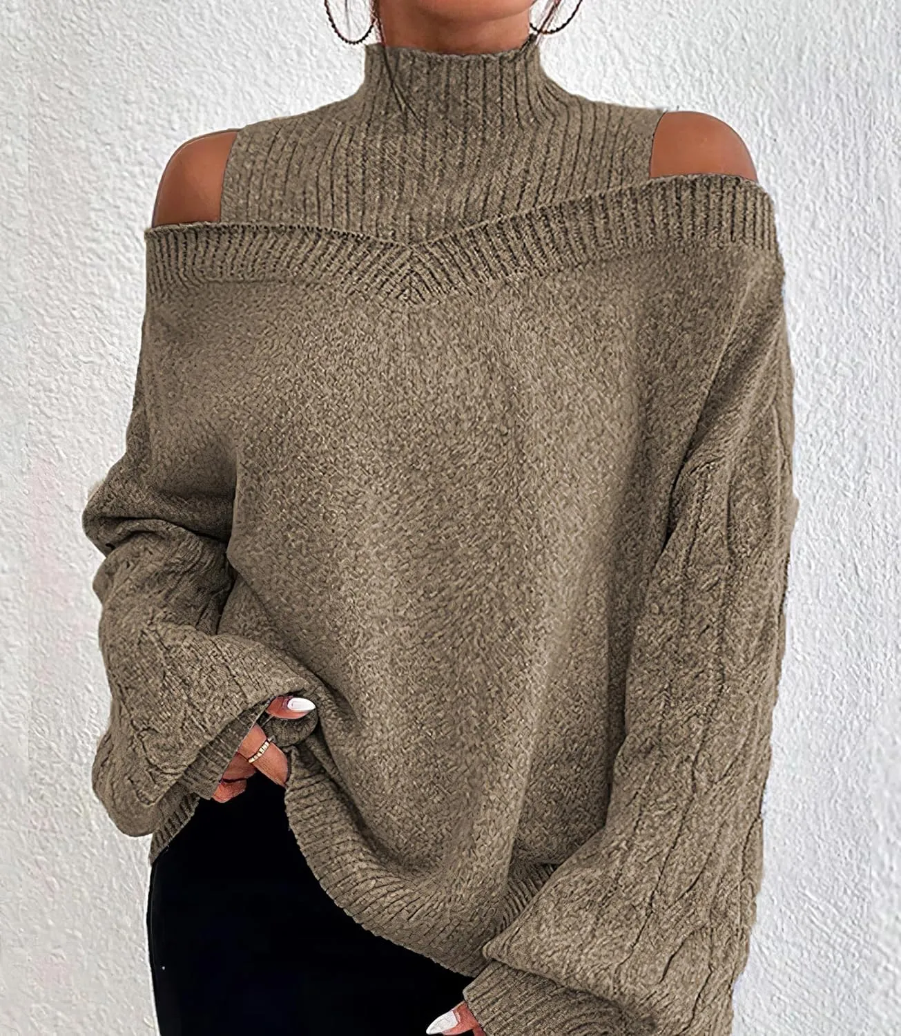Womens Off The Shoulder Oversized Sweaters Fall Winter Turtleneck Cold Shoulder Long Sleeve Chunky Knit Sweater Tops