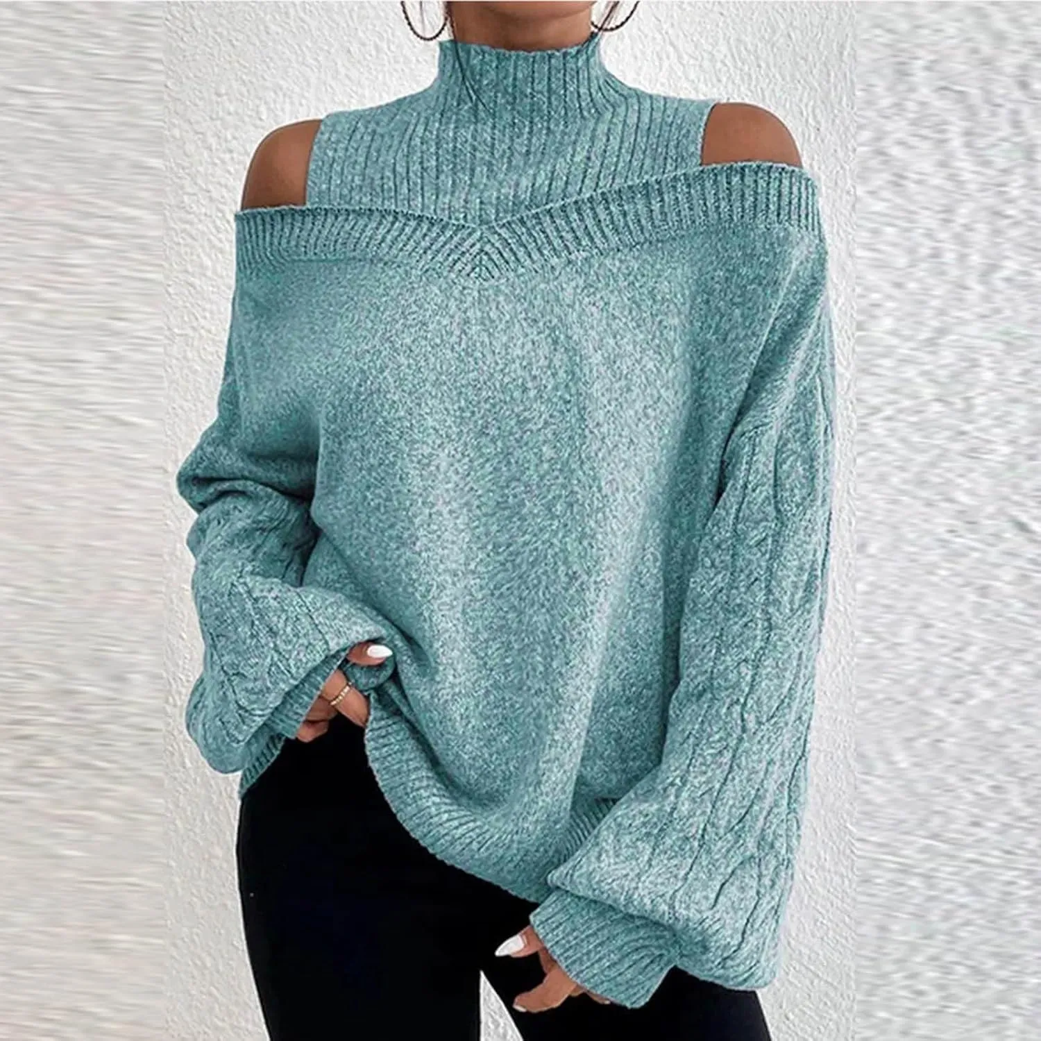 Womens Off The Shoulder Oversized Sweaters Fall Winter Turtleneck Cold Shoulder Long Sleeve Chunky Knit Sweater Tops