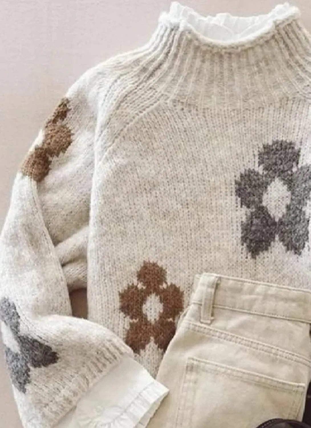 Women's Oversized Fair Isle Print Mock Neck Sweaters Long Sleeve Chunky Warm Knit Tops 2025 Spring Pullover Jumpers