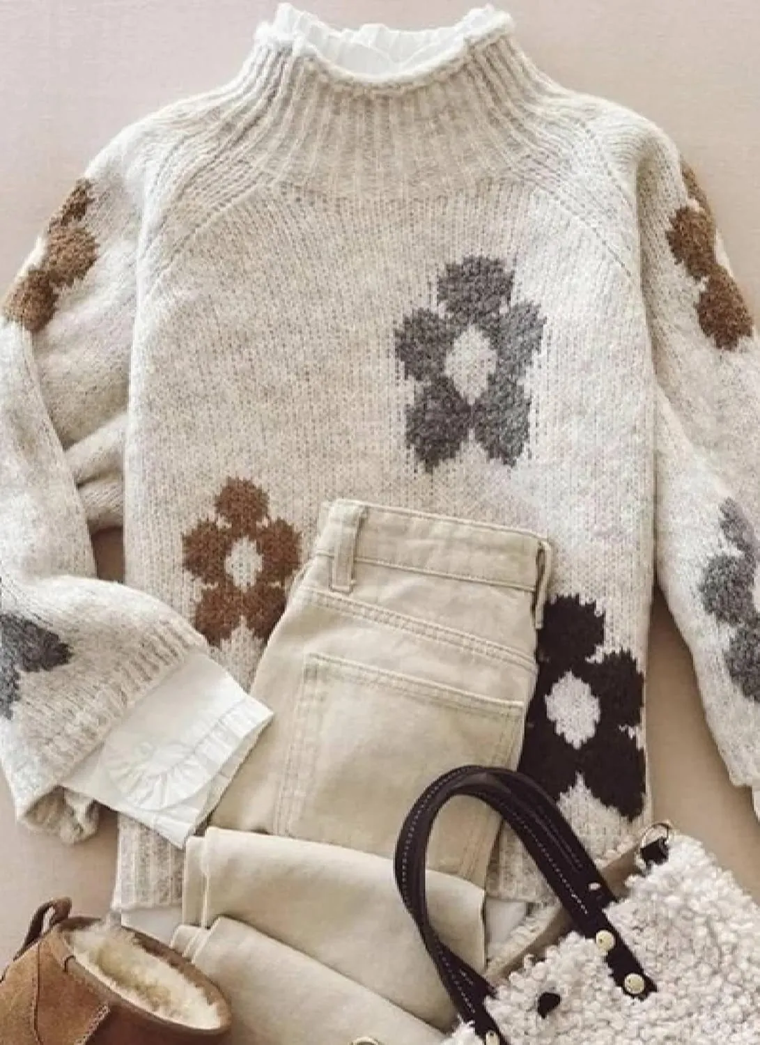Women's Oversized Fair Isle Print Mock Neck Sweaters Long Sleeve Chunky Warm Knit Tops 2025 Spring Pullover Jumpers