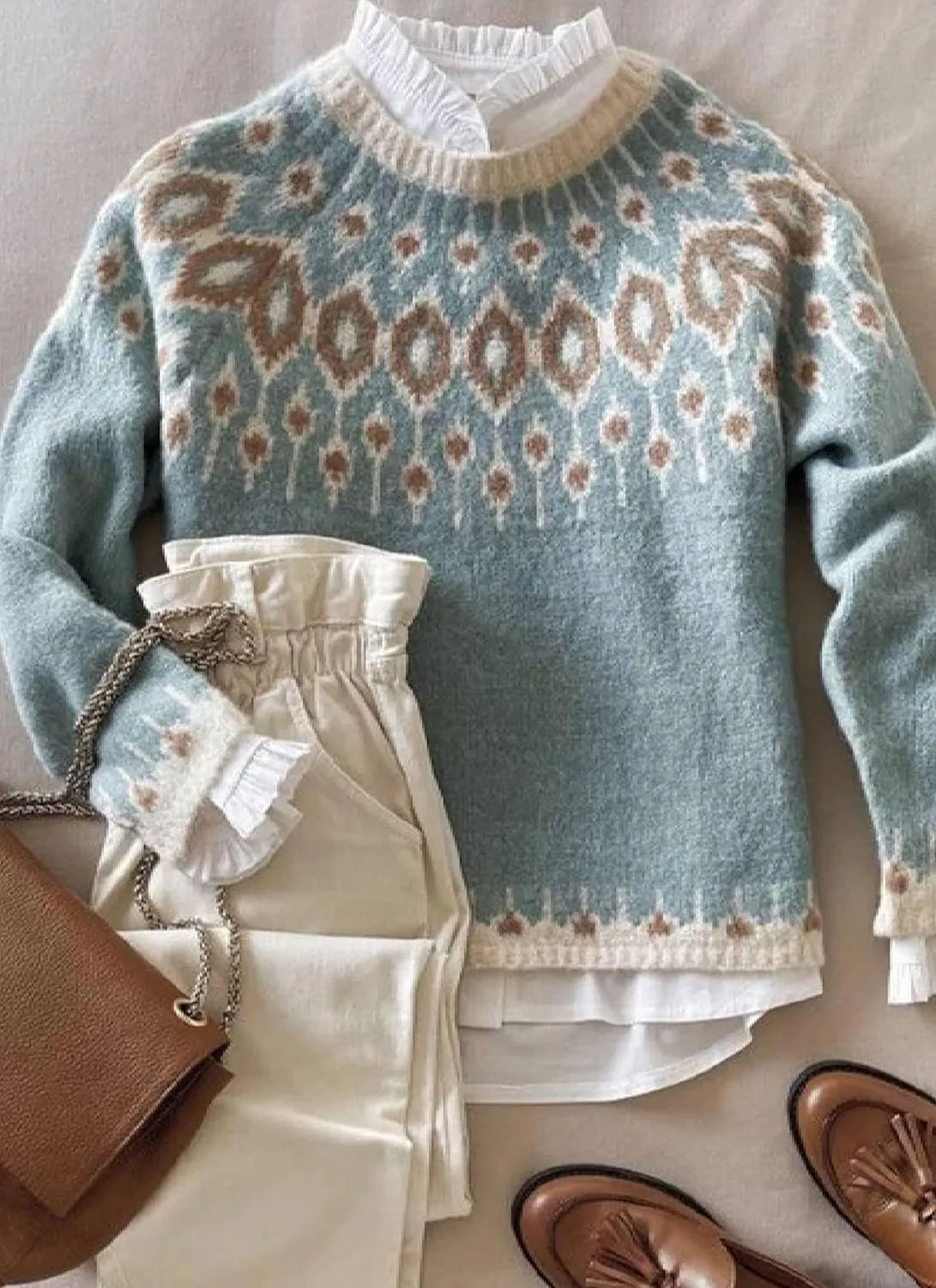Women's Oversized Fair Isle Print Mock Neck Sweaters Long Sleeve Chunky Warm Knit Tops 2025 Spring Pullover Jumpers