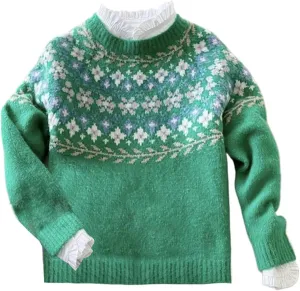 Women's Oversized Fair Isle Print Mock Neck Sweaters Long Sleeve Chunky Warm Knit Tops 2025 Spring Pullover Jumpers