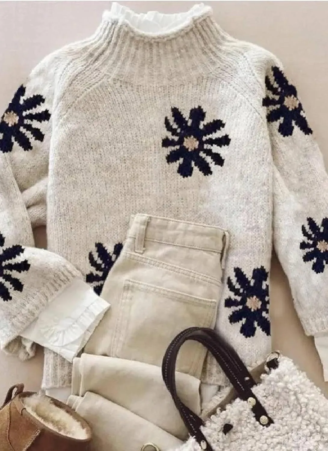 Women's Oversized Fair Isle Print Mock Neck Sweaters Long Sleeve Chunky Warm Knit Tops 2025 Spring Pullover Jumpers