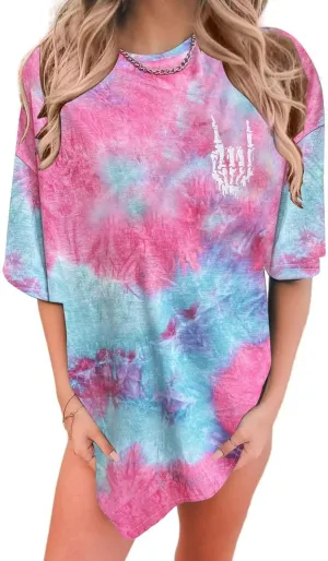 Womens Oversized Graphic Tees Skull Tie Dye Shirts Gothic Printed T Shirt Plus Size Tops Pink-Blue XL