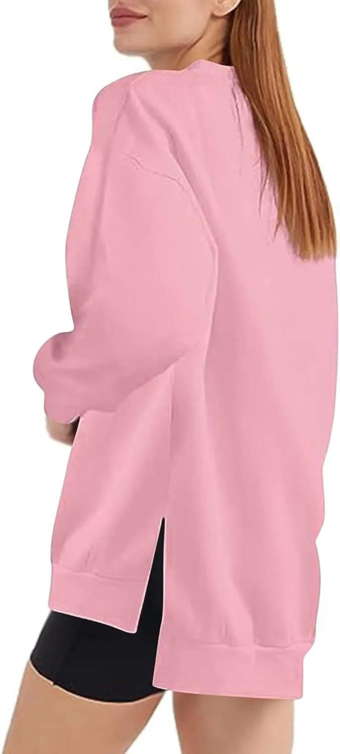 Women's Oversized Sweatshirts Solid Color Long Sleeve Crewneck Hoodies Side Slit Lightweight Pullovers Dailywear