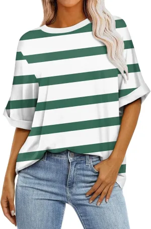 Women's Oversized T Shirts 2024 Stripe Printed Crewneck Tops Short Sleeve Loose Basic Tee Trendy Summer Clothing