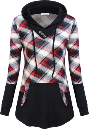 Womens Plaid Sweatshirt Long Sleeve Color Block Hoodies with Kangaroo Pocket