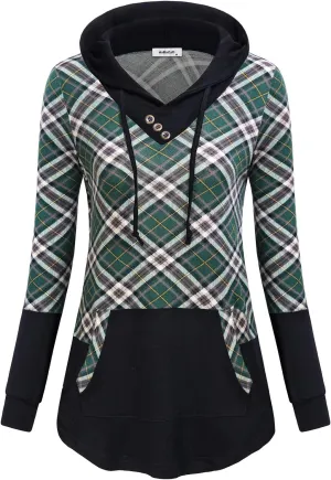 Womens Plaid Sweatshirt Long Sleeve Color Block Hoodies with Kangaroo Pocket