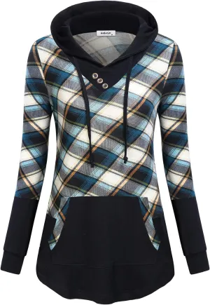 Womens Plaid Sweatshirt Long Sleeve Color Block Hoodies with Kangaroo Pocket