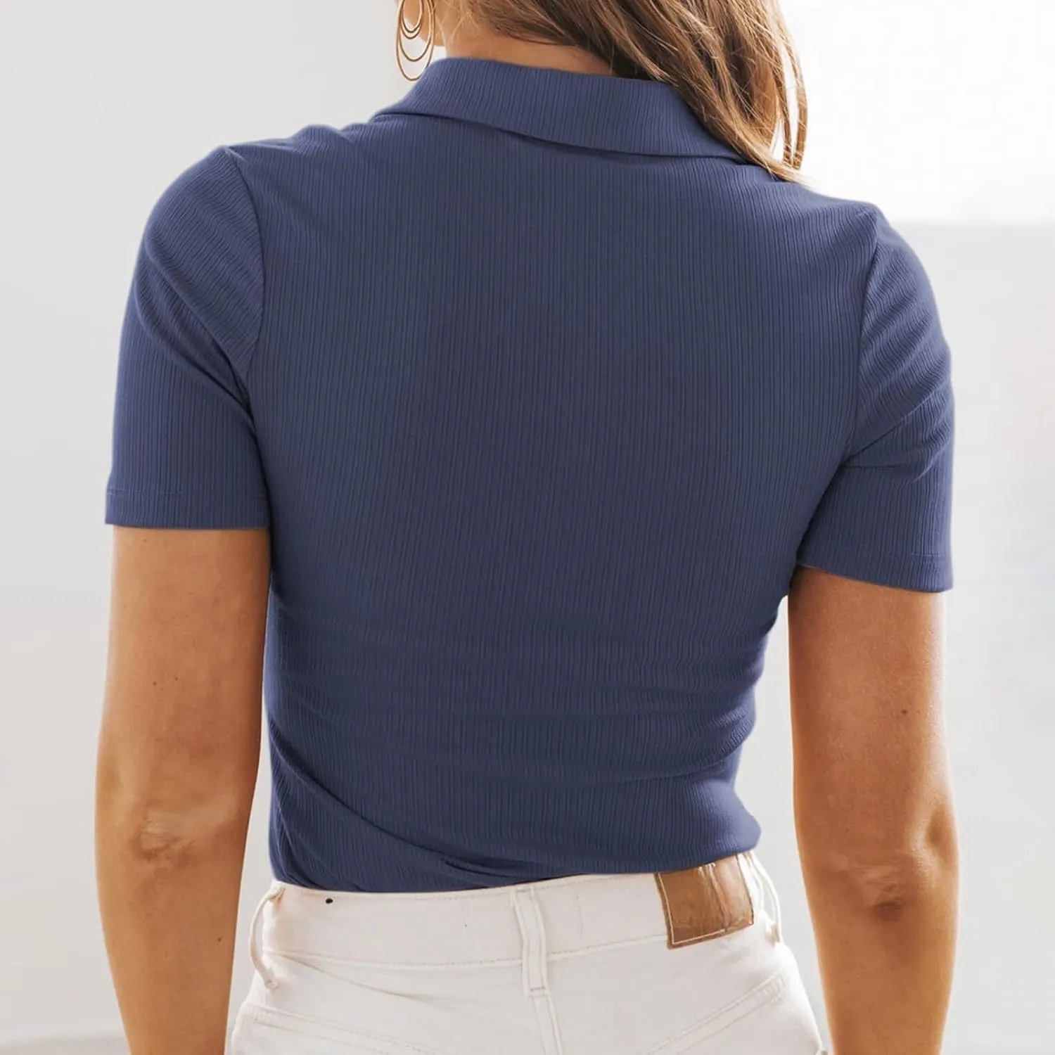 Womens Polo Shirts Fashion Short Sleeve V Neck T Shirt Slim Fitted Ribbed Knit Casual Tee Tops Summer Business Tshirt