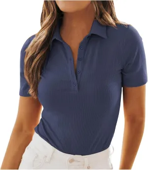 Womens Polo Shirts Fashion Short Sleeve V Neck T Shirt Slim Fitted Ribbed Knit Casual Tee Tops Summer Business Tshirt