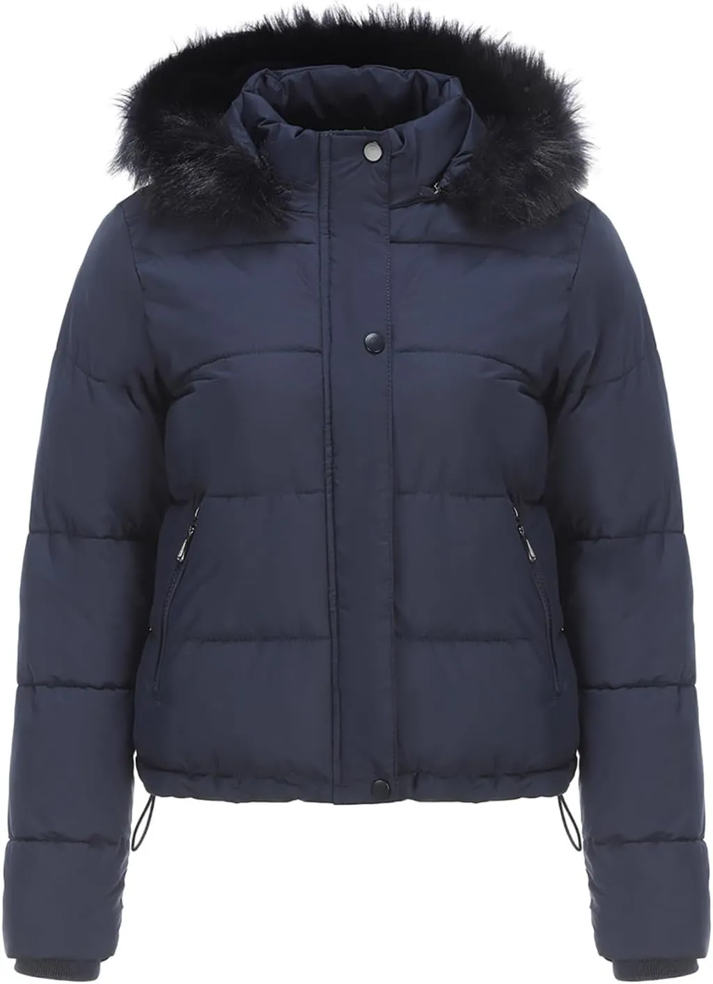 Women's Puffer Jacket Warm Thickened Zip Up Crop Down Jacket Quilted Parkas Faux Fur Removable Hood Outerwear Pockets