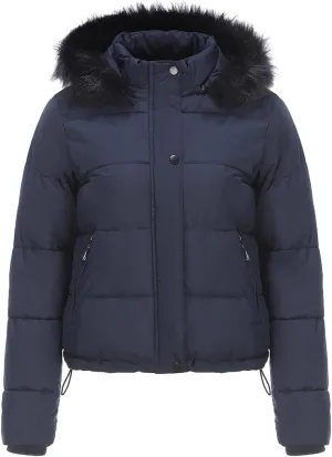 Women's Puffer Jacket Warm Thickened Zip Up Crop Down Jacket Quilted Parkas Faux Fur Removable Hood Outerwear Pockets