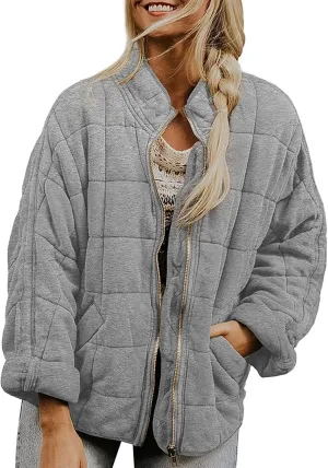 Women's Solid Color Stand Jacket Loose Fit Sherpa Lined Fleece Quilted Jacket Windproof Winter Tweed Coat with Pocket