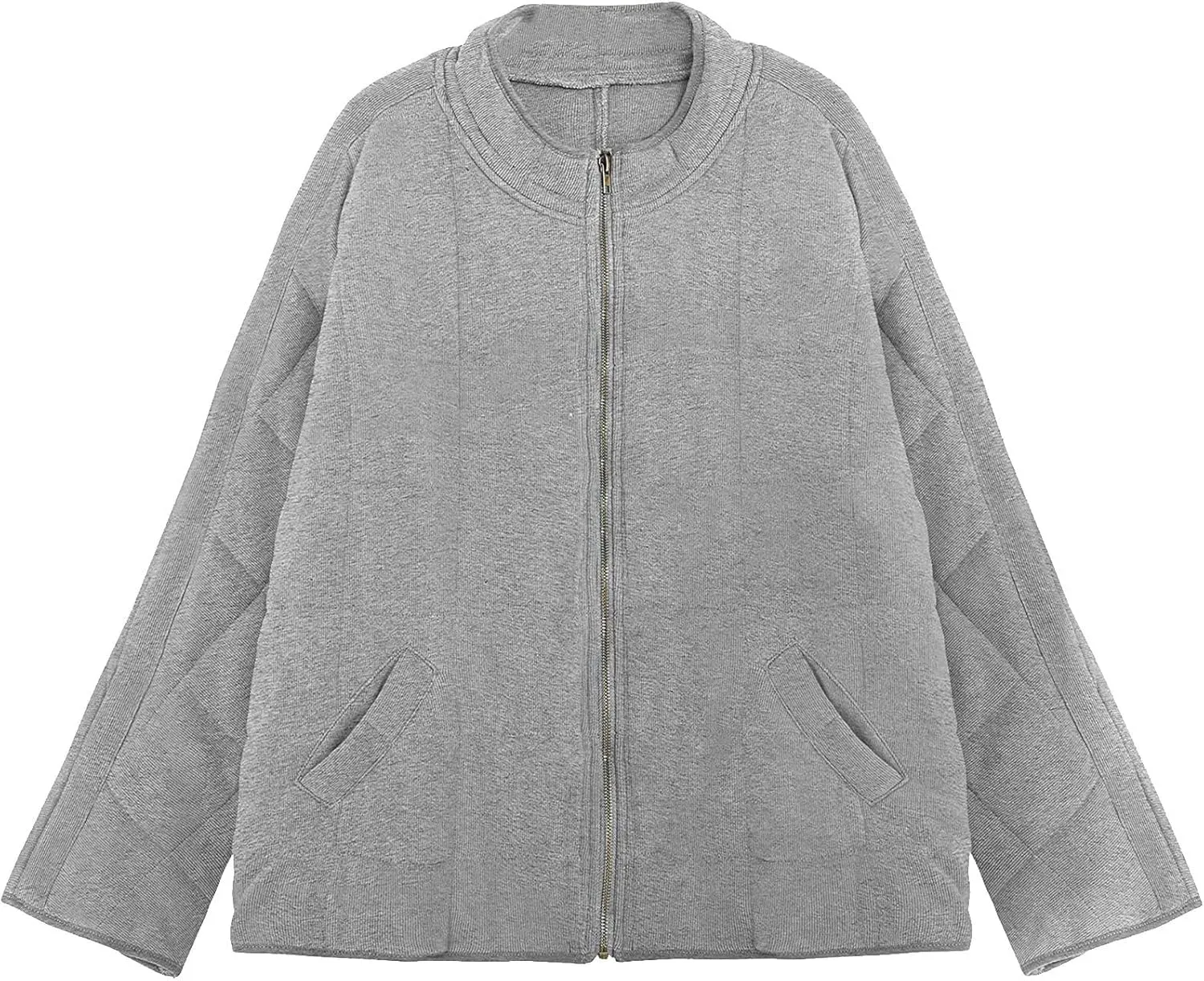 Women's Solid Color Stand Jacket Loose Fit Sherpa Lined Fleece Quilted Jacket Windproof Winter Tweed Coat with Pocket
