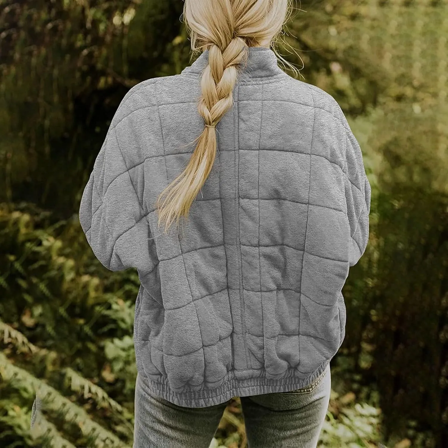 Women's Solid Color Stand Jacket Loose Fit Sherpa Lined Fleece Quilted Jacket Windproof Winter Tweed Coat with Pocket