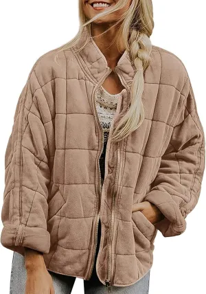 Women's Solid Color Stand Jacket Loose Fit Sherpa Lined Fleece Quilted Jacket Windproof Winter Tweed Coat with Pocket
