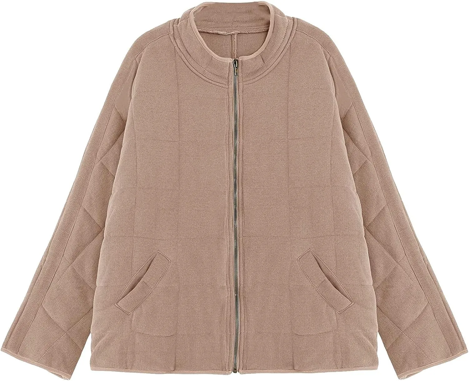 Women's Solid Color Stand Jacket Loose Fit Sherpa Lined Fleece Quilted Jacket Windproof Winter Tweed Coat with Pocket