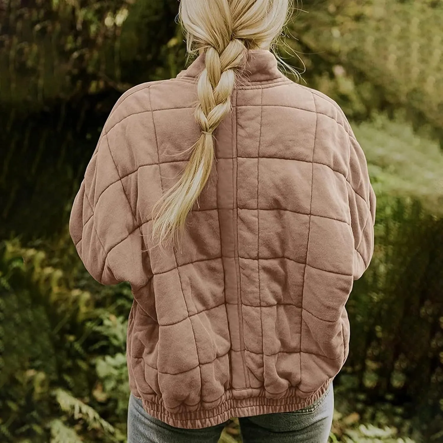 Women's Solid Color Stand Jacket Loose Fit Sherpa Lined Fleece Quilted Jacket Windproof Winter Tweed Coat with Pocket