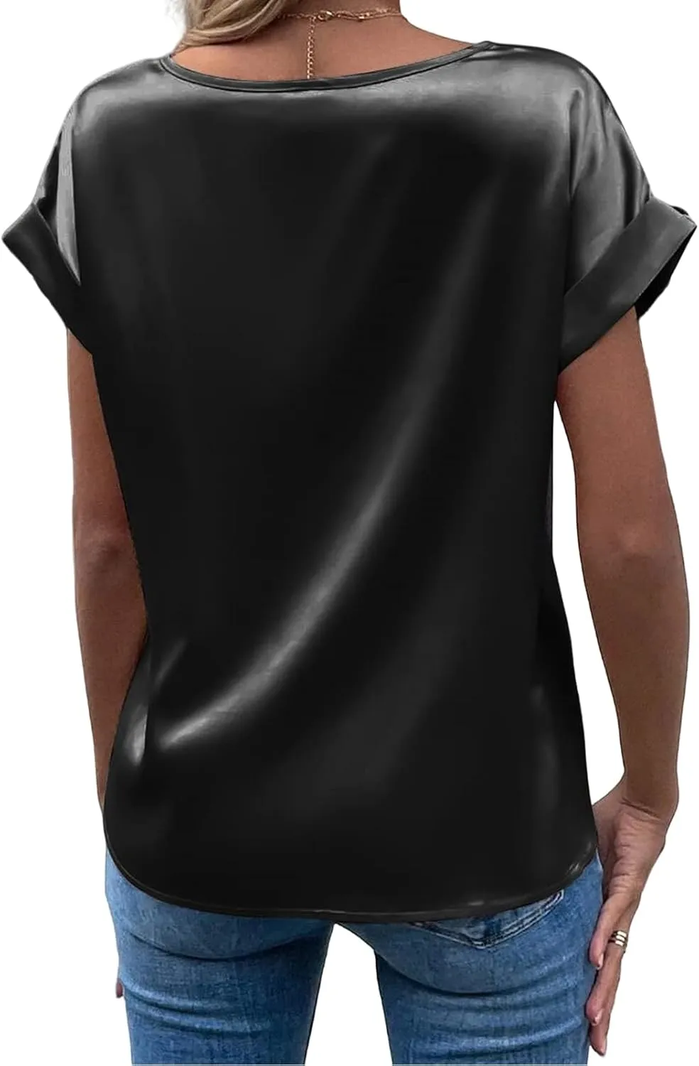Womens Summer Tops Casual Comfortable Short Sleeve Shirts Loose Crew Neck Silk Shirts Fashion Work Office Blouse Tops