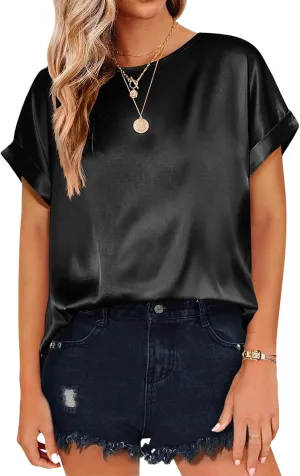 Womens Summer Tops Casual Comfortable Short Sleeve Shirts Loose Crew Neck Silk Shirts Fashion Work Office Blouse Tops