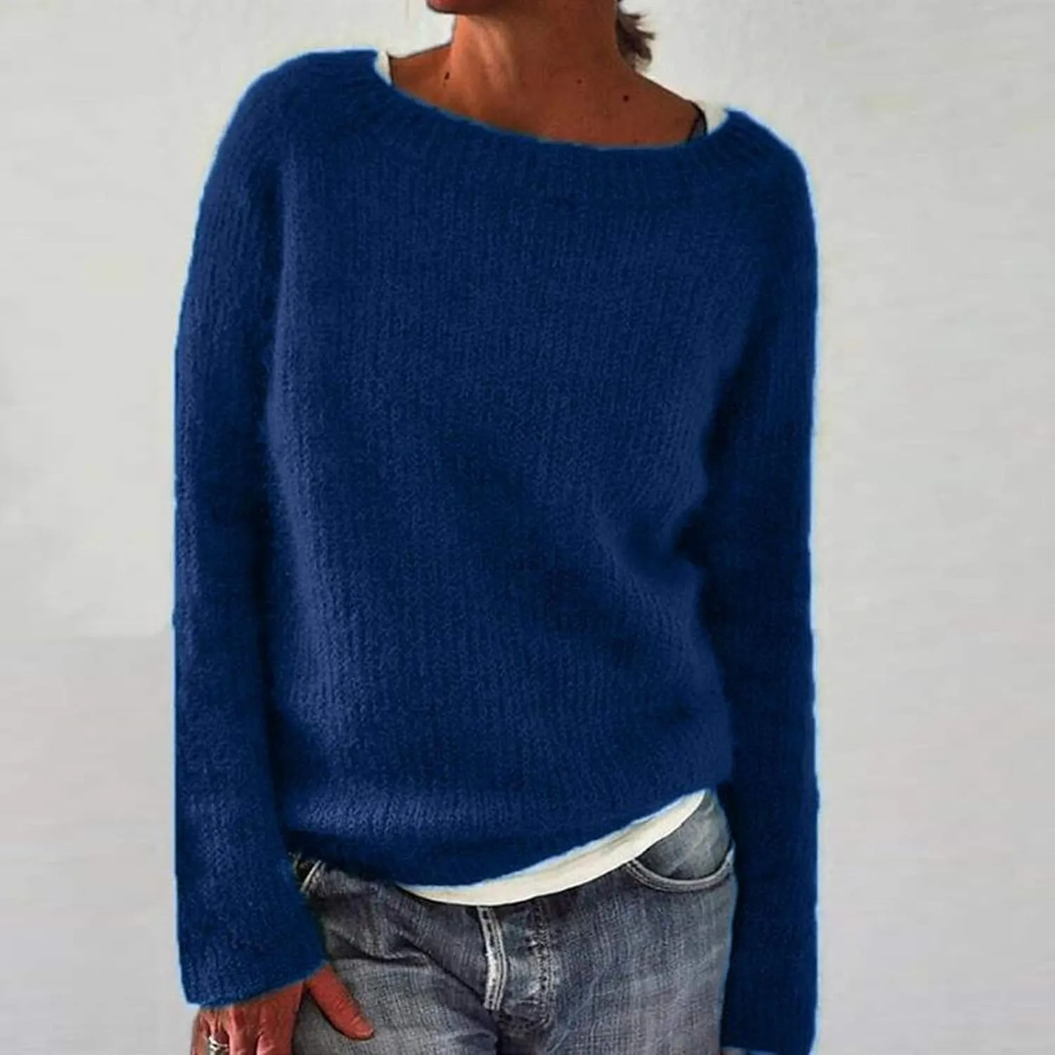 Womens Sweater Chunky Knit Solid Color Round Neck Long Sleeve Casual Soft Loose Fit Jumper Tops