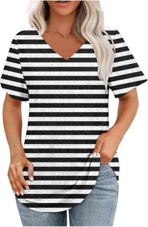 Women's T-Shirt Striped Deep V Neck Blouses Short Sleeve Shirt Hollow Eyelet Breathable Tops Summer Loose Outfit