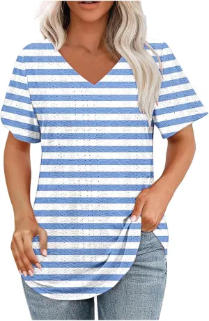 Women's T-Shirt Striped Deep V Neck Blouses Short Sleeve Shirt Hollow Eyelet Breathable Tops Summer Loose Outfit