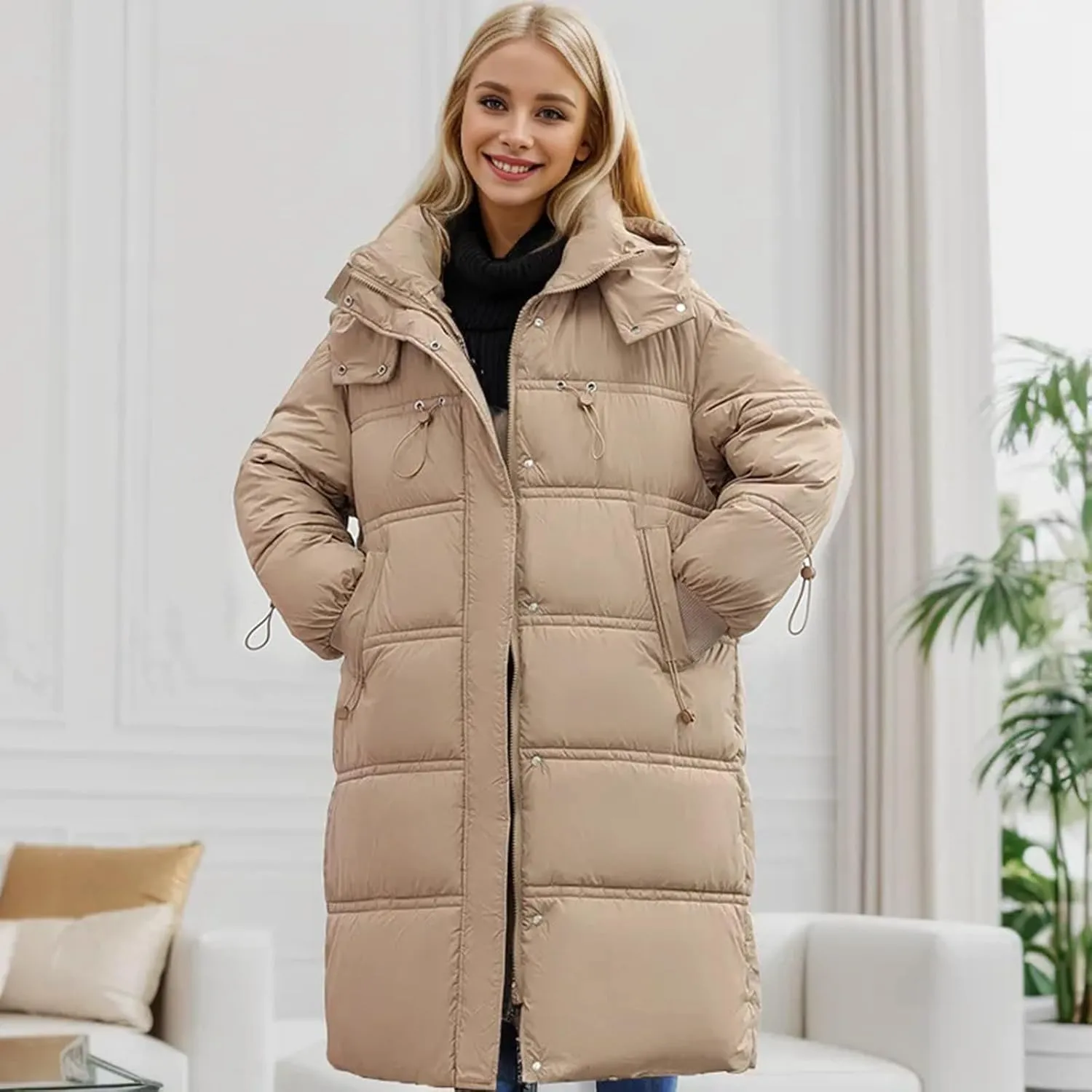 Women's Thickened Down Jackets Winter Warm Long Down Coats Hooded Quilted Puffer Jackets Parkas with Zipper Outerwear