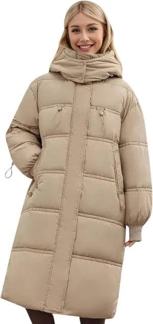 Women's Thickened Down Jackets Winter Warm Long Down Coats Hooded Quilted Puffer Jackets Parkas with Zipper Outerwear